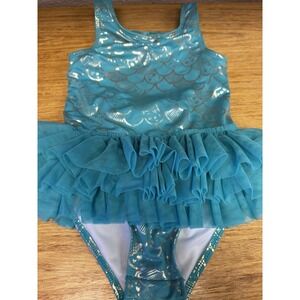 Cat & Jack Toddler Girls 5T Swimsuit, Green Scalloped Mermaid Ruffle Tutu EUC A2